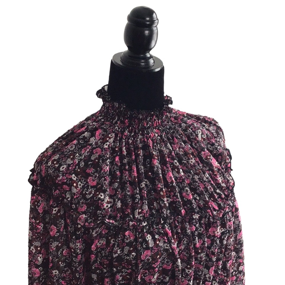 Zara Floral Print Pink Black Ruffle Neck Blouse, size M - Picture 6 of 14
